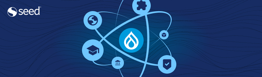 Digital illustration with the Drupal logo at the center of an atom, surrounded by icons representing its main strengths: security, scalability, multilingualism, modularity, education and governance. Design in blue tones on a dark background, with the Seed logo in the upper left corner